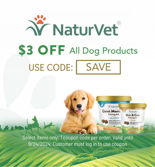 Naturvet $3 off all dog products; Use Code SAVE; must log into account to use coupon code; while supplies last; valid only 9/24/2024;  1 coupon code per order