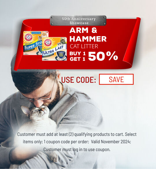 arm and hammer cat litter buy 1 get 1 50% off; use code: SAVE; Customer must log in to use coupon. Sale valid in specified month. 