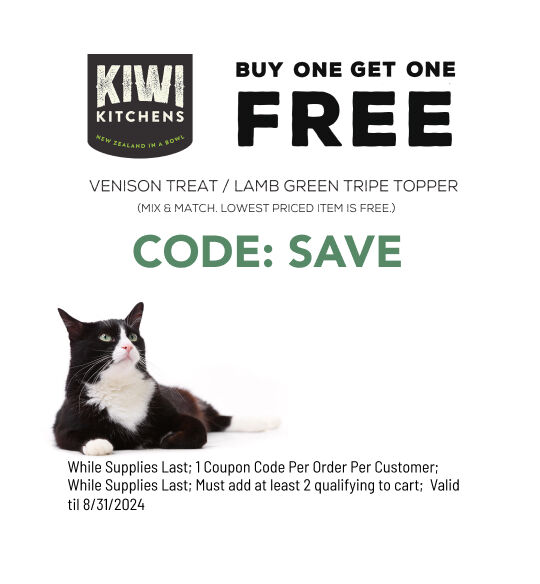 Kiwi Kitchens Venison Treat/Lamb Green Tripe Topper BOGO; Use code SAVE; must log in to customer account  Select items only; 1 coupon code per order; Valid til 7/7/2024; Customer must log in to use coupon