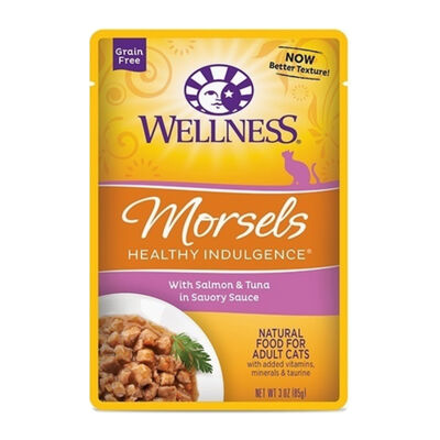 Wellness Healthy Indulgence Natural Grain Free Morsels with Salmon & Tuna in Savory Sauce Wet Cat Food Pouch, 3-oz