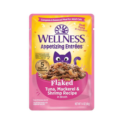 Wellness Appetizing Entrées Flaked Tuna, Mackerel & Shrimp Recipe in Sauce Wet Cat Food Pouch, 1.4-oz