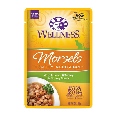 Wellness Healthy Indulgence Natural Grain Free Morsels with Chicken & Turkey in Savory Sauce Wet Cat Food Pouch, 3-oz