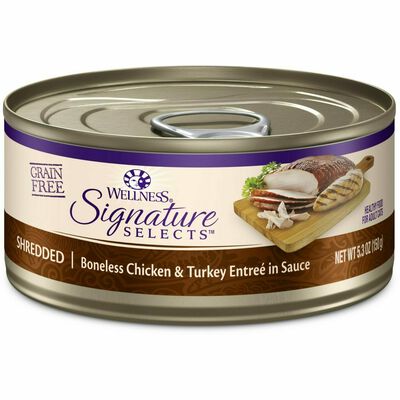 Wellness Core Signature Selects Natural Grain Free Wet Canned Cat Food, Shredded Chicken & Turkey, 5.3-oz Can