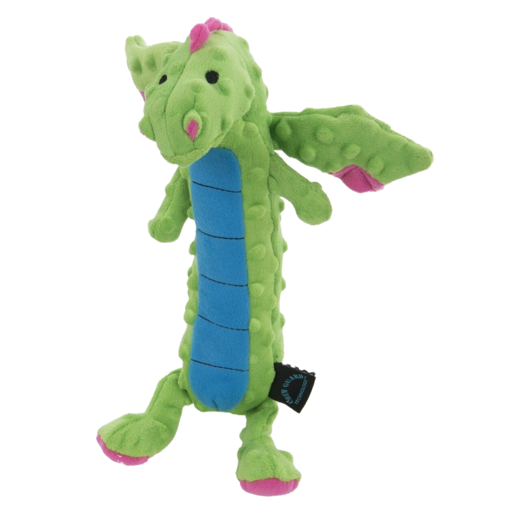 Godog Dragons Skinny With Chew Guard Technology Durable Plush Squeaker Dog Toy Green Large