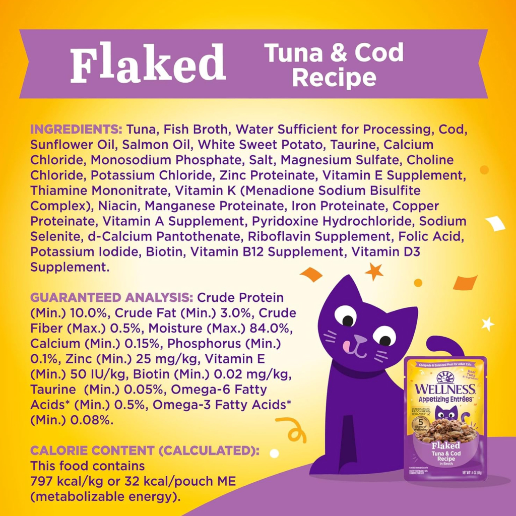 Wellness Appetizing Entrées Flaked Tuna & Cod Recipe in Sauce Wet Cat Food Pouch, 1.4-oz image number null