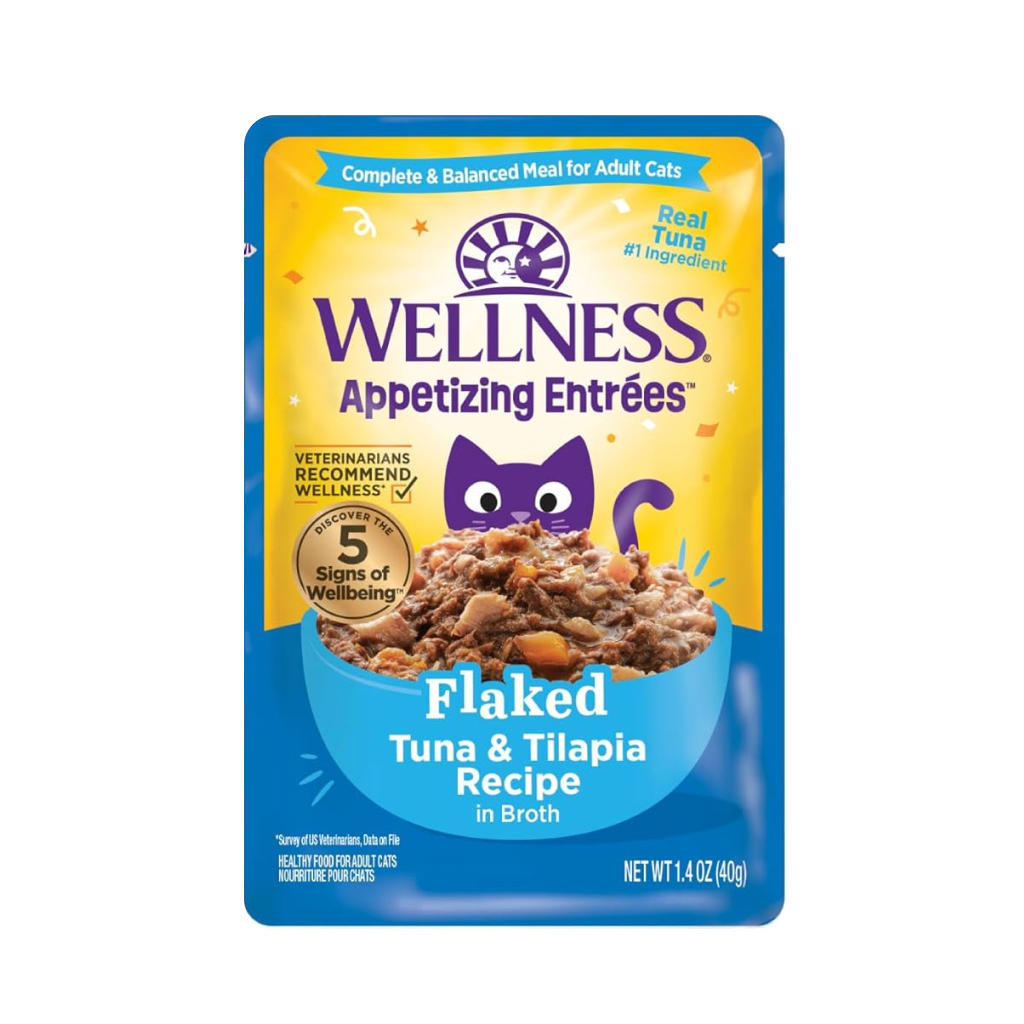 Wellness Appetizing Entrées Flaked Tuna & Tilapia Recipe in Sauce Wet Cat Food Pouch, 1.4-oz image number null