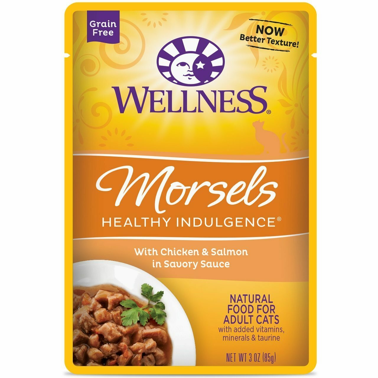 Wellness Healthy Indulgence Natural Grain Free Wet Cat Food Morsels Chicken Salmon 3 oz Pouch