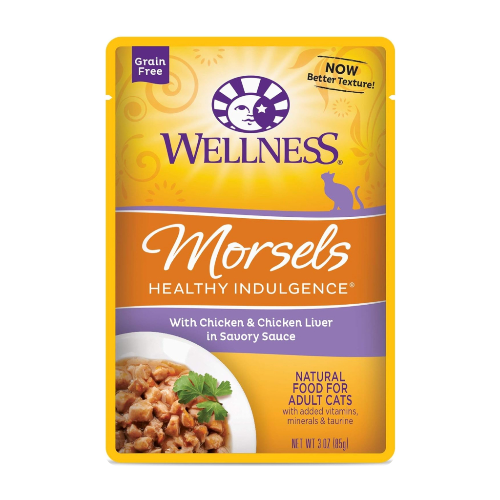 Wellness Healthy Indulgence Natural Grain Free Morsels with Chicken/Chicken Liver in Savory Sauce Wet Cat Food Pouch, 3-oz image number null