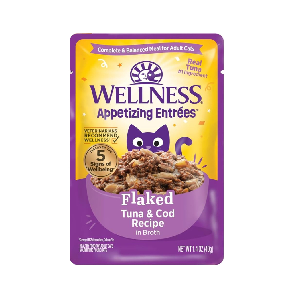 Wellness Appetizing Entrées Flaked Tuna & Cod Recipe in Sauce Wet Cat Food Pouch, 1.4-oz image number null