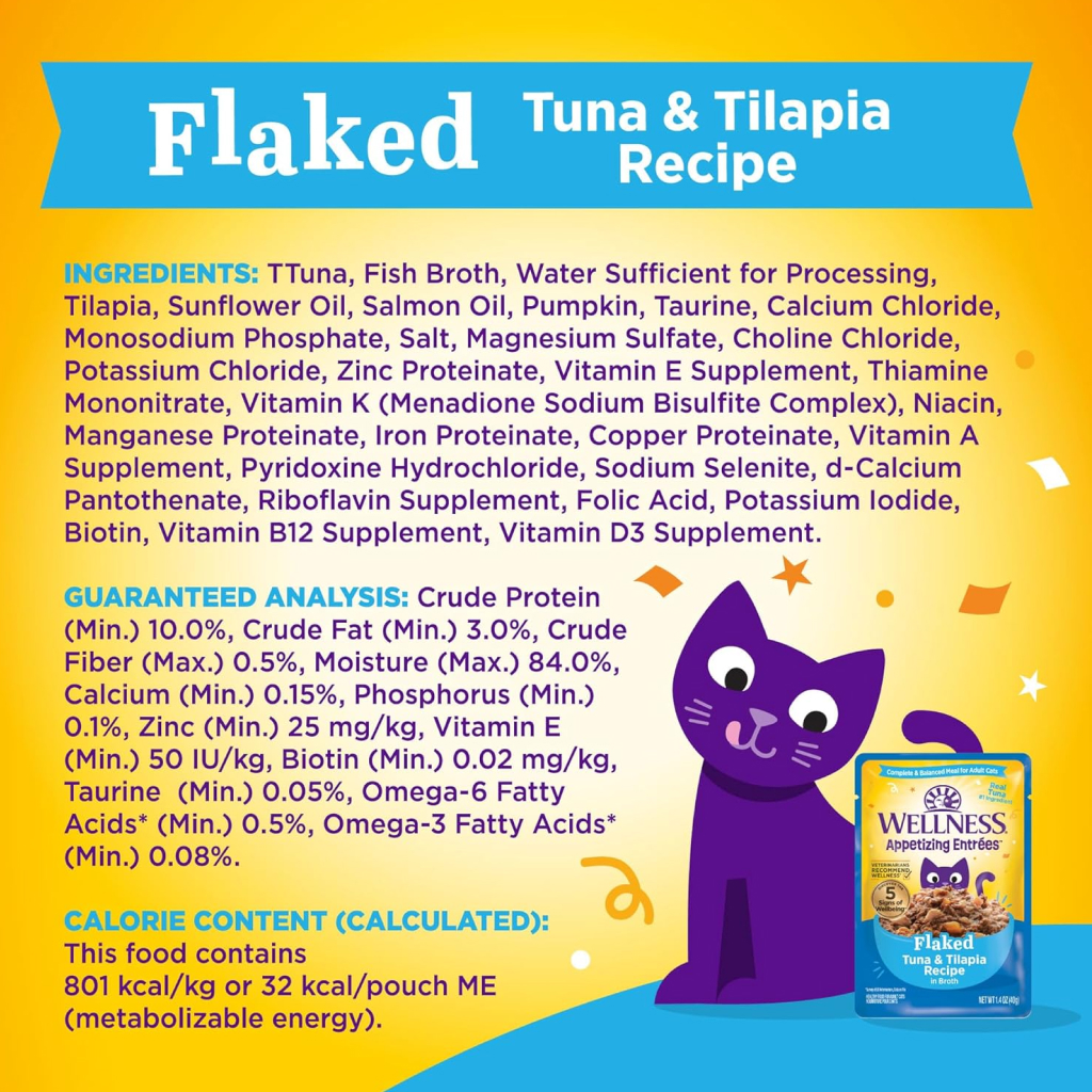 Wellness Appetizing Entrées Flaked Tuna & Tilapia Recipe in Sauce Wet Cat Food Pouch, 1.4-oz image number null