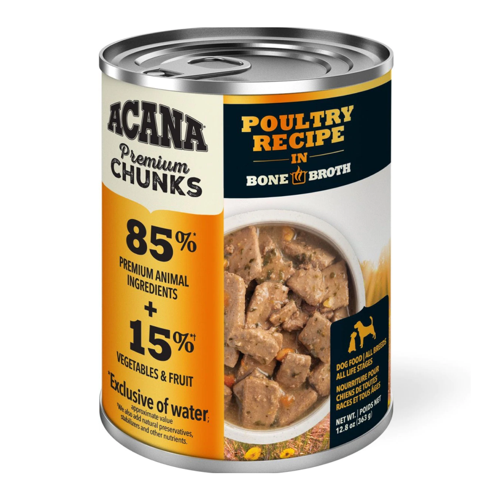 ACANA Premium Chunks Wet Dog Food Poultry Recipe in Bone Broth, 12.8-oz image number null