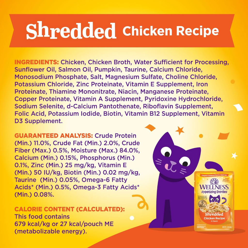 Wellness Appetizing Entrées Shredded Chicken Recipe in Sauce Wet Cat Food Pouch, 1.4-oz image number null