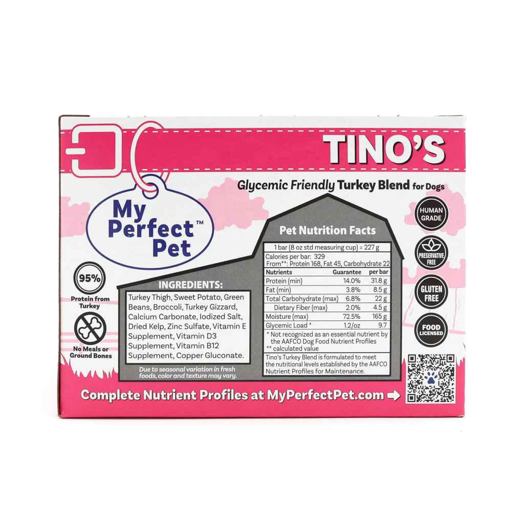 FROZEN My Perfect Pet Tino's Turkey - Glycemic Support Gently Cooked Dog Food (8-pack), 4-lb image number null