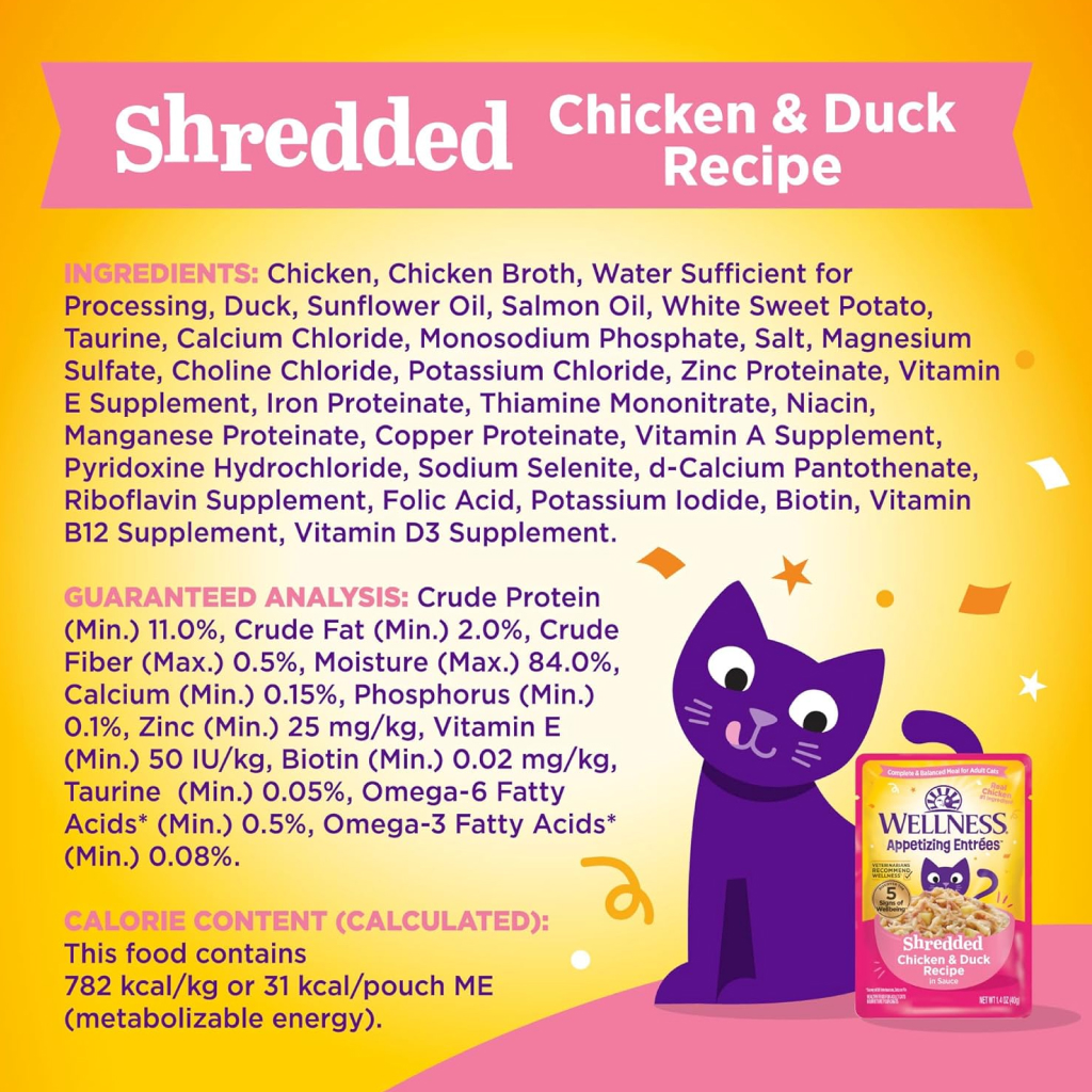 Wellness Appetizing Entrées Shredded Chicken & Duck Recipe in Sauce Wet Cat Food Pouch, 1.4-oz image number null