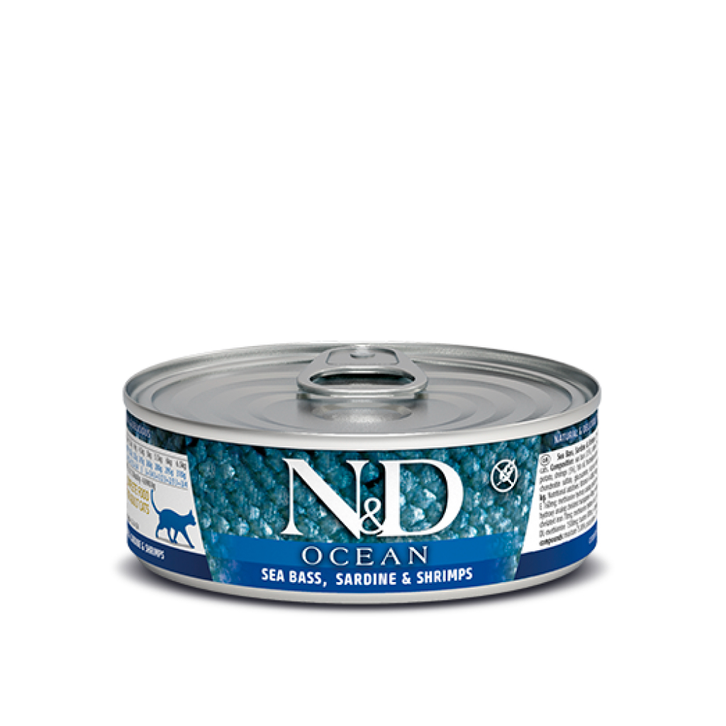 Farmina N&D Ocean Sea Bass, Sardine & Shrimp Stew Wet Food Cat Can, 2.5-oz image number null