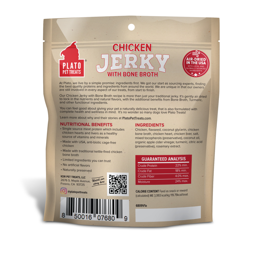 Plato Chicken Jerky with Bone Broth Dog Treats Bag, 7-oz image number null