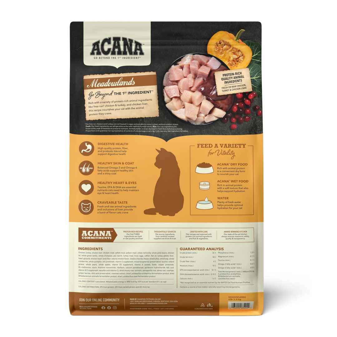 Acana Highest Protein Meadowlands Dry Cat Food, 4-lb image number null