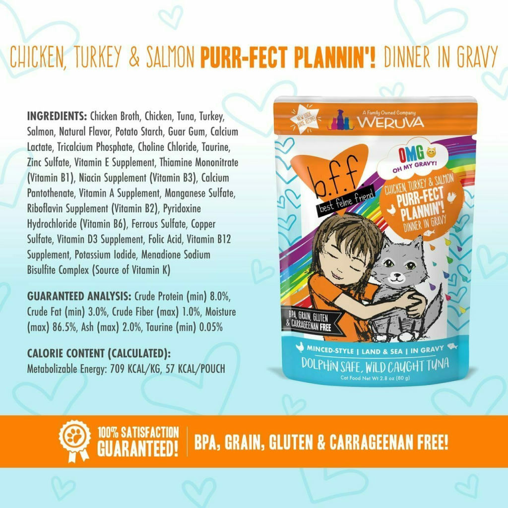 B.F.F. Omg - Best Feline Friend Oh My Gravy!, Purr-Fect Plannin'! With Chicken, Turkey & Salmon In Gravy Cat Food By Weruva, 2.8-oz Pouch image number null