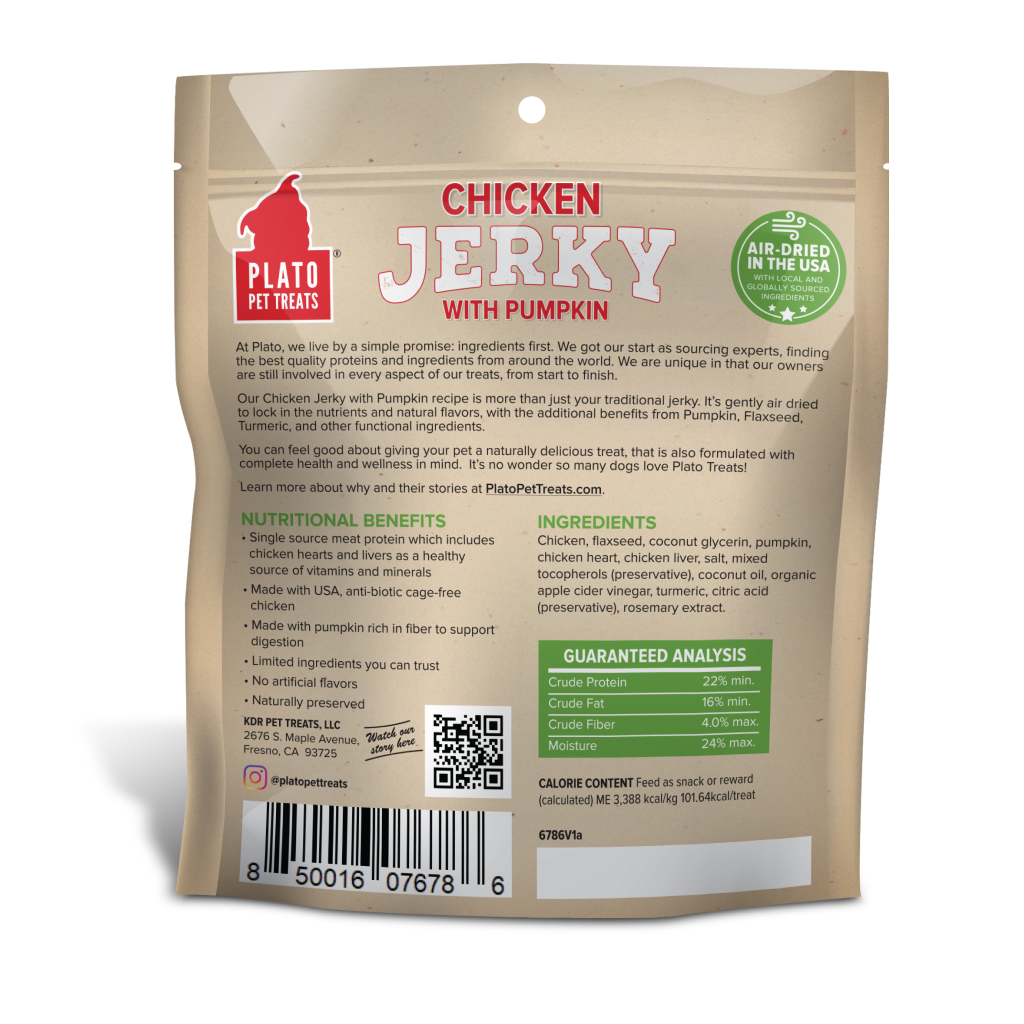 Plato Chicken Jerky with Pumpkin Dog Treats Bag, 7-oz image number null