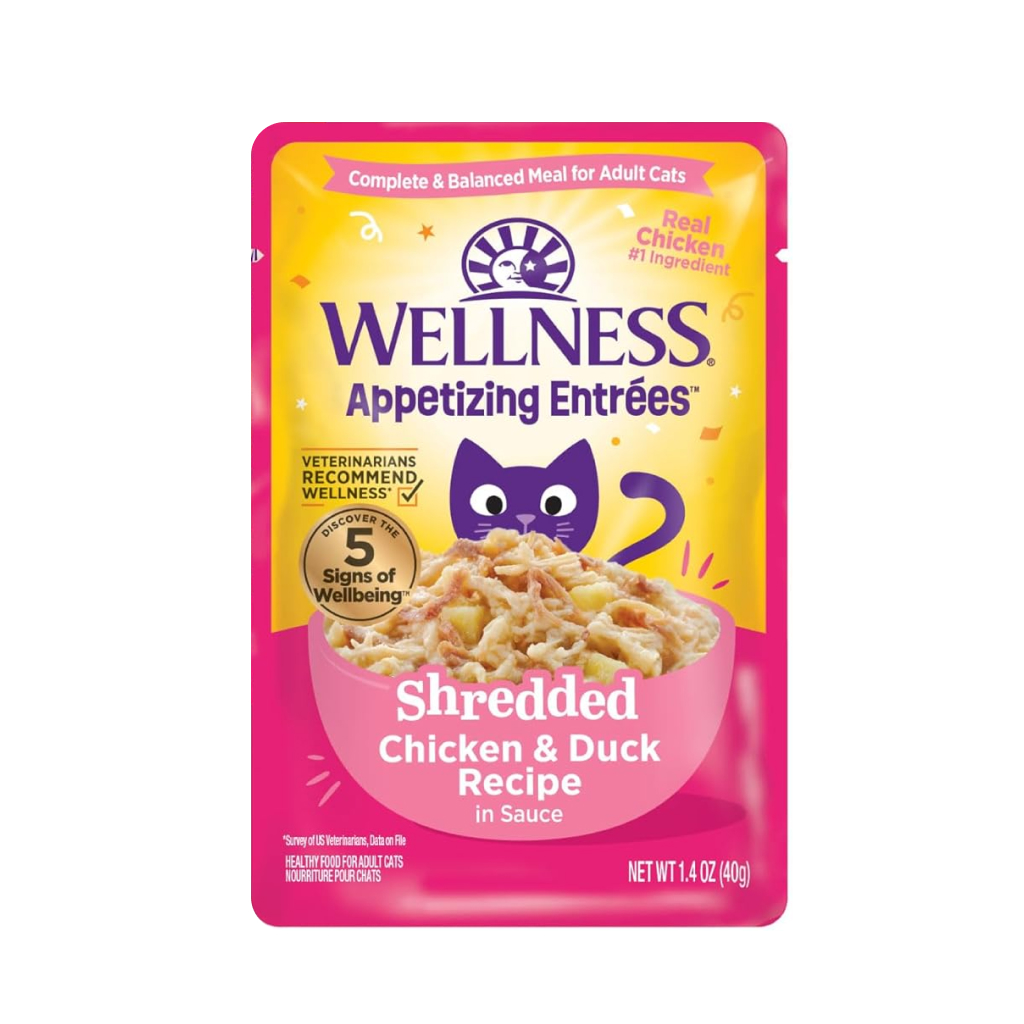 Wellness Appetizing Entrées Shredded Chicken & Duck Recipe in Sauce Wet Cat Food Pouch, 1.4-oz image number null