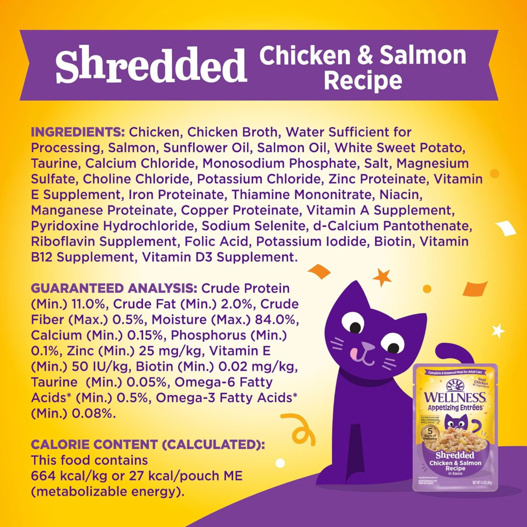 Wellness Appetizing Entrées Shredded Chicken & Salmon Recipe in Sauce Wet Cat Food Pouch, 1.4-oz image number null