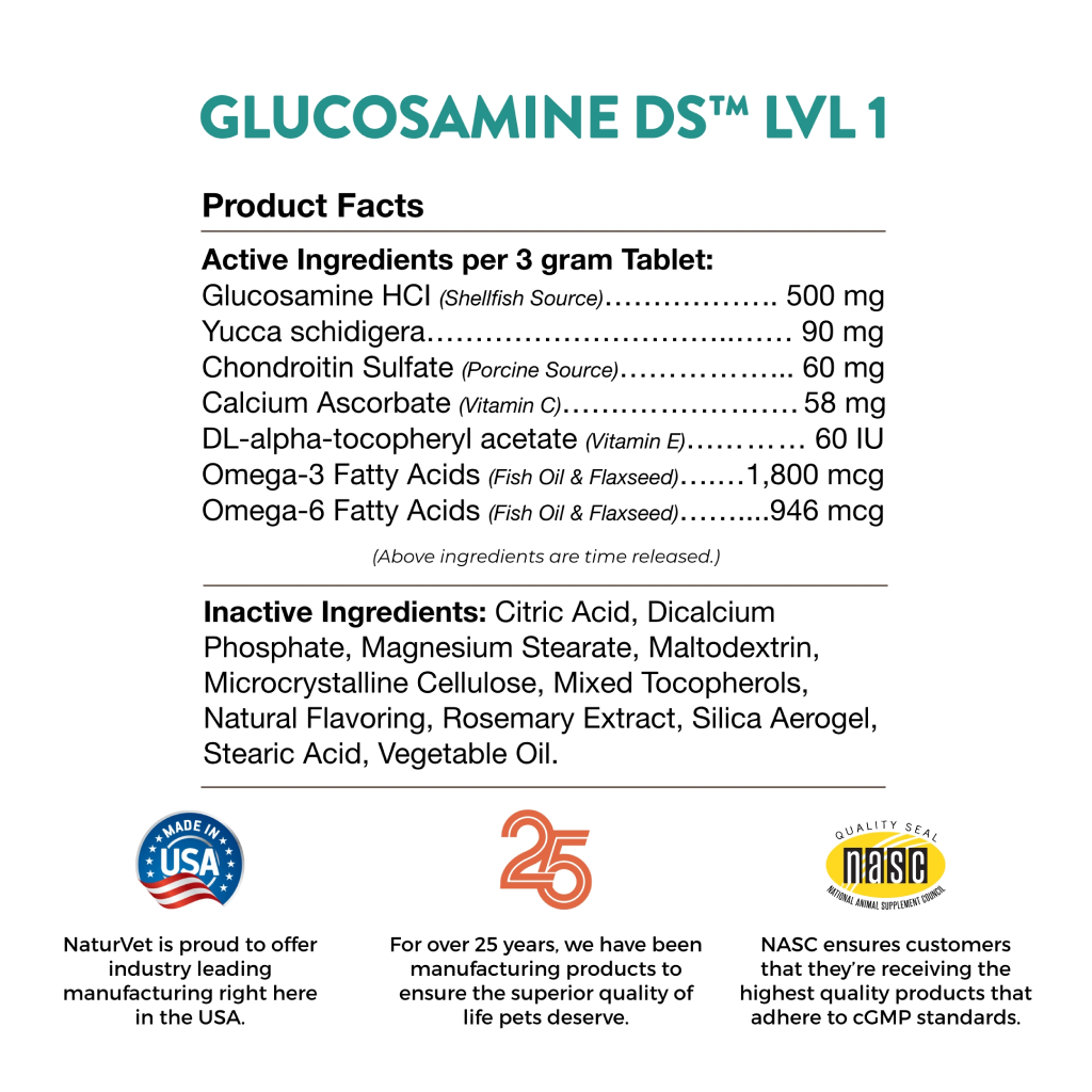 Naturvet Glucosamine Ds Level 1 Maintenance, Joint Care Support Supplement For Dogs And Cats, Time Release Chewable Tablets, Made In The USA, 150 Count image number null