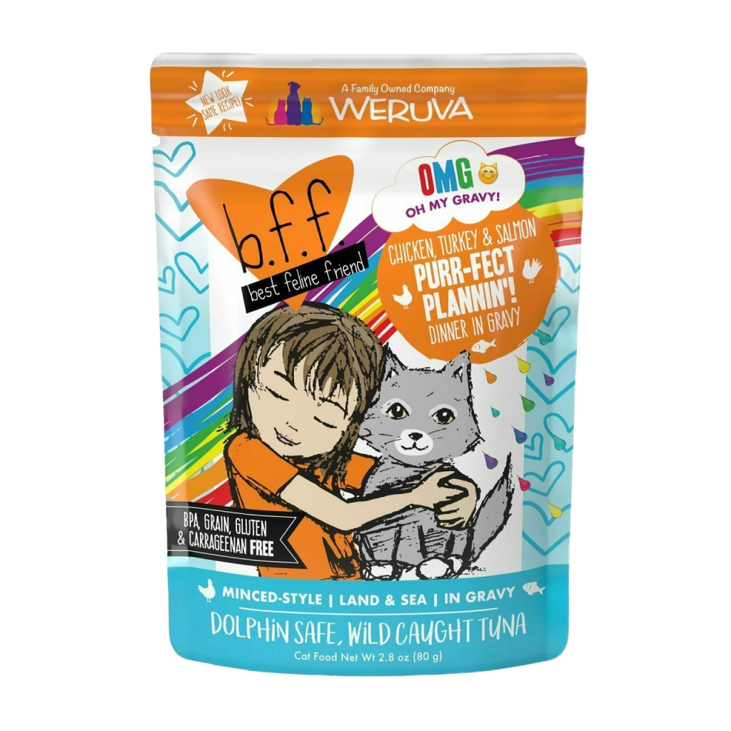 B.F.F. Omg - Best Feline Friend Oh My Gravy!, Purr-Fect Plannin'! With Chicken, Turkey & Salmon In Gravy Cat Food By Weruva, 2.8-oz Pouch image number null