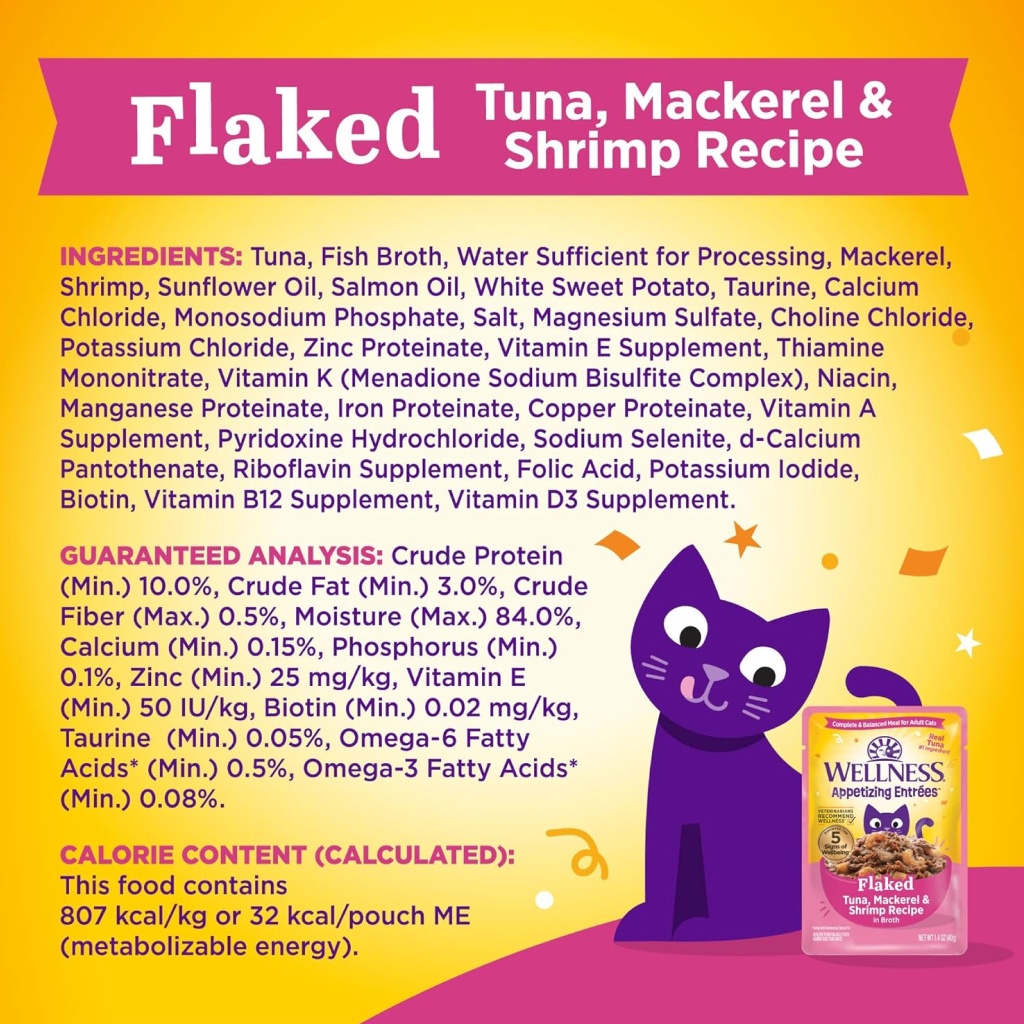 Wellness Appetizing Entrées Flaked Tuna, Mackerel & Shrimp Recipe in Sauce Wet Cat Food Pouch, 1.4-oz image number null