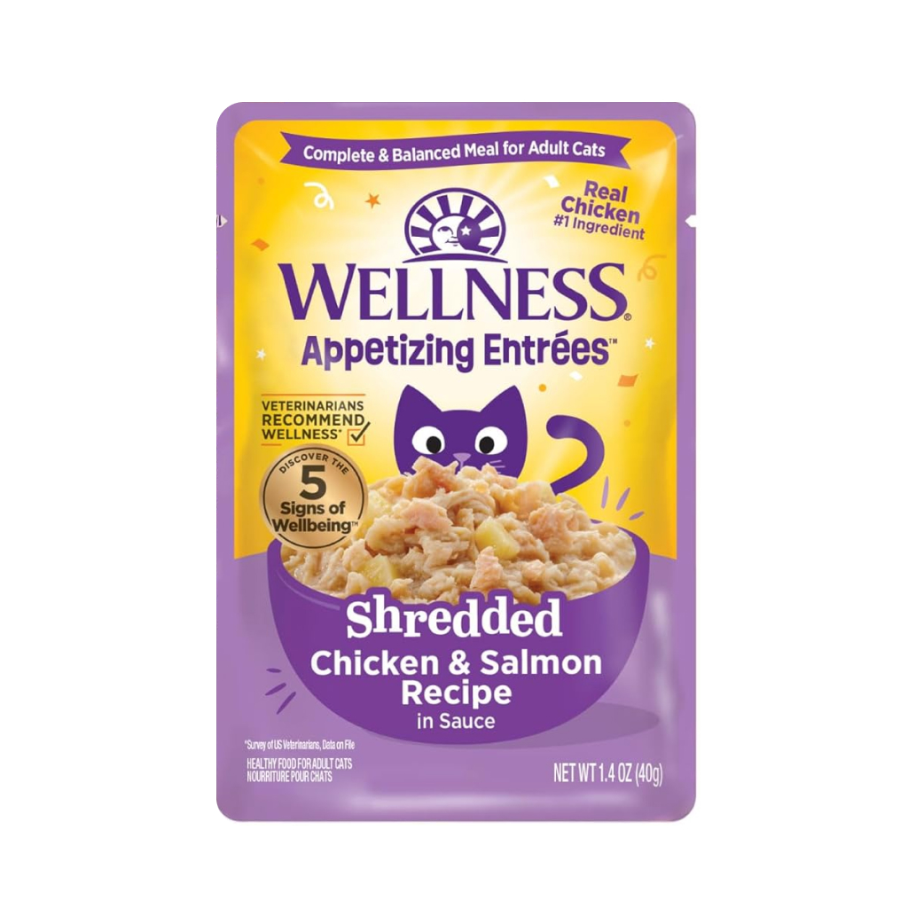 Wellness Appetizing Entrées Shredded Chicken & Salmon Recipe in Sauce Wet Cat Food Pouch, 1.4-oz image number null