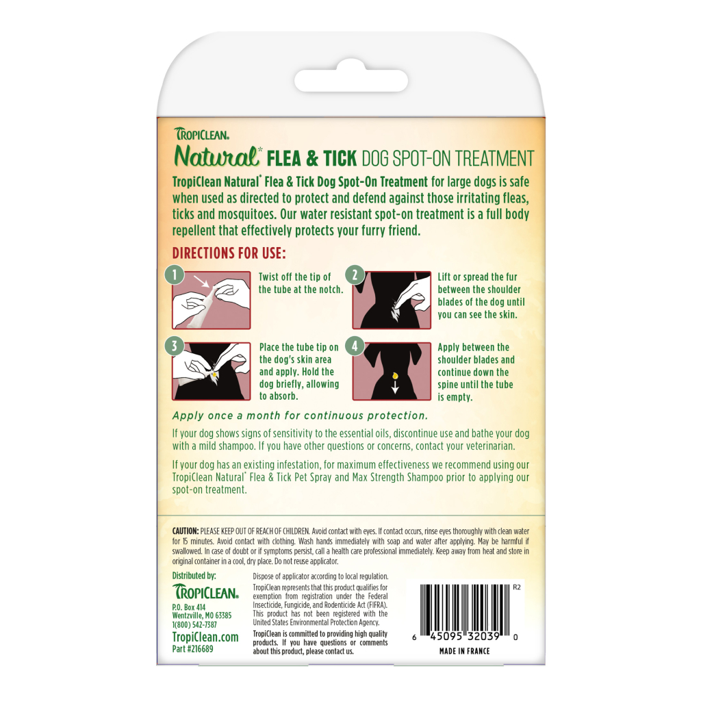 TropiClean Natural Flea & Tick Dog Spot-On Treatment for Large Dogs Over 75lb, 4-count image number null