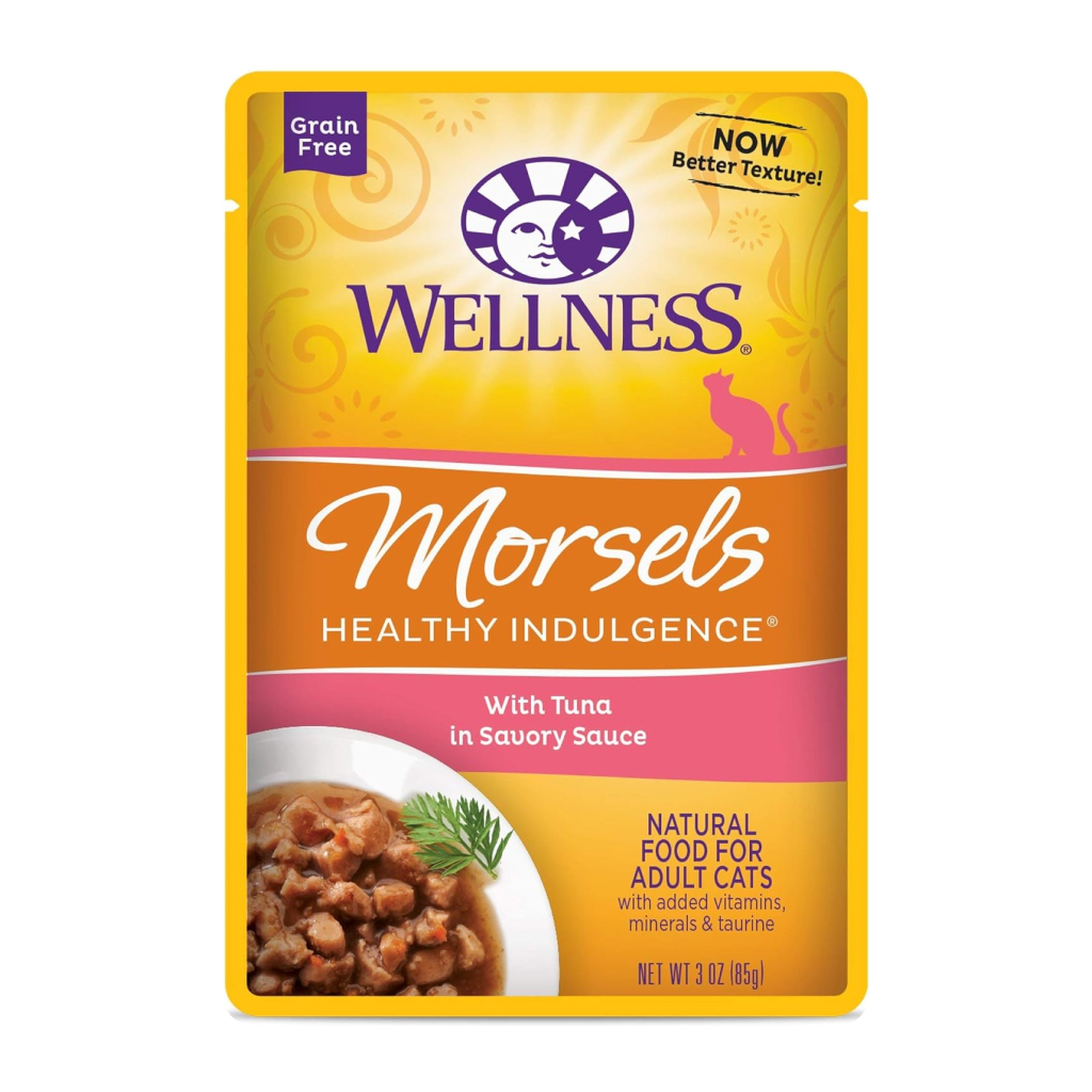 Wellness Healthy Indulgence Natural Grain Free Morsels with Tuna in Savory Sauce Wet Cat Food Pouch, 3-oz image number null